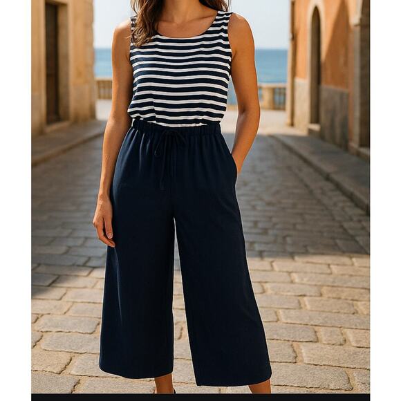 Talbots Jumpsuit Sleeveless Petite Size 8 Navy and White Stripes - Picture 1 of 5